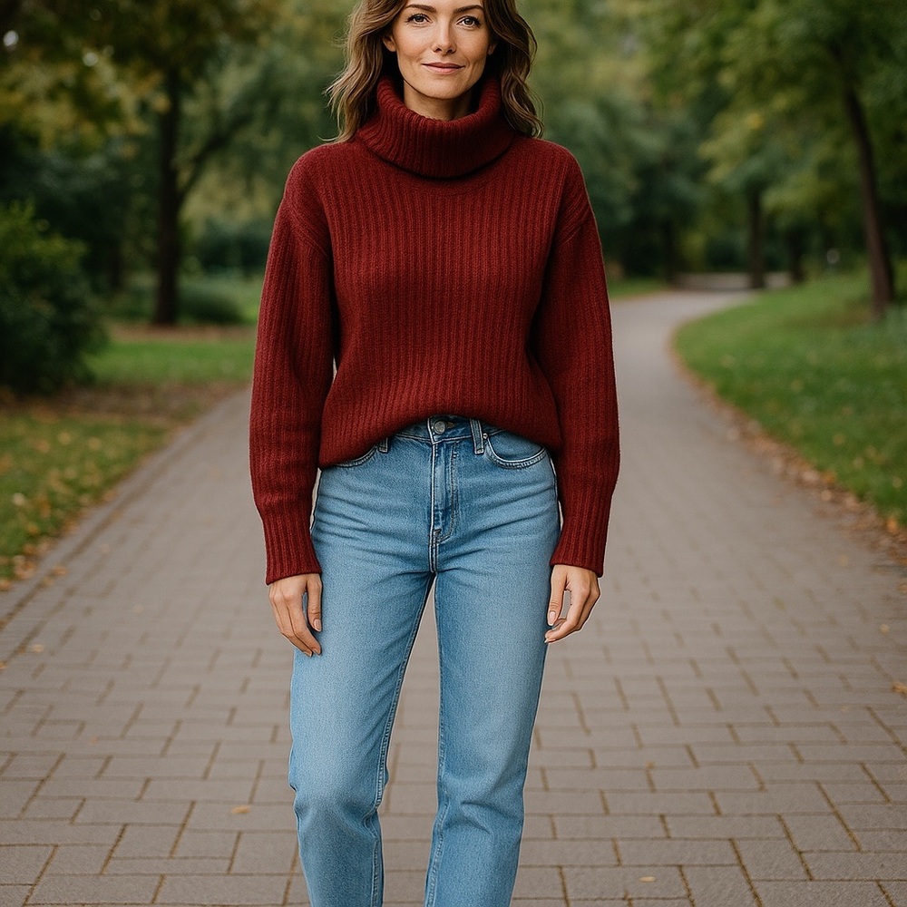 NWT Thakoon Cropped Ribbed Turtleneck Sweater in Burgundy Size Large